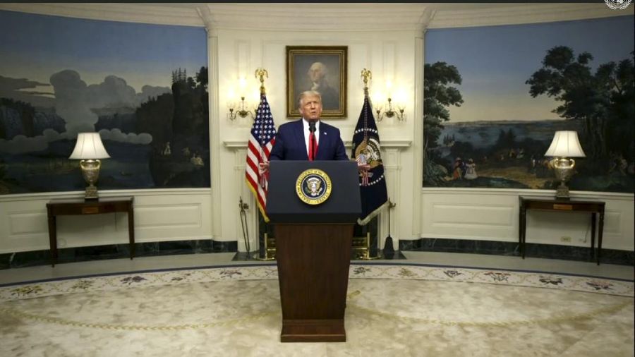 In this image made from UNTV video, U.S. President Donald Trump speaks in a pre-recorded message which was played during the 75th session of the United Nations General Assembly, Tuesday, Sept. 22, 2020, at the United Nations headquarters in New York. The U.N.'s first virtual meeting of world leaders started Tuesday with pre-recorded speeches from some of the planet's biggest powers, kept at home by the coronavirus pandemic that will likely be a dominant theme at their video gathering this year. (UNTV via AP)