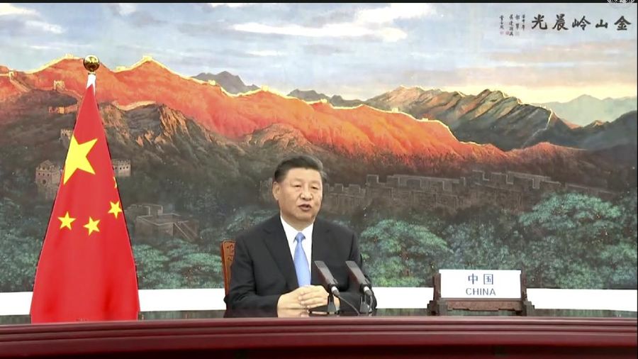 In this image made from UNTV video, Chinese President Xi Jinping speaks in a pre-recorded message which was played during the 75th session of the United Nations General Assembly, Tuesday, Sept. 22, 2020, at U.N. headquarters in New York. The U.N.'s first virtual meeting of world leaders started Tuesday with pre-recorded speeches from some of the planet's biggest powers, kept at home by the coronavirus pandemic that will likely be a dominant theme at their video gathering this year. (UNTV via AP)
