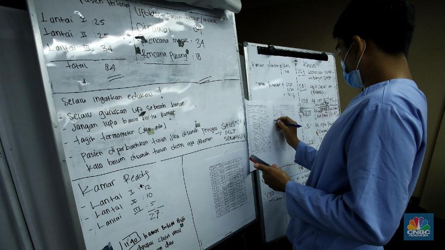 Pengemudi ambulan berpakaian hazmat atau alat pelindung diri (APD) yag membawa pasien orang tanpa gejala (OTG) di Hotel Yasmin, Karawaci, Kelurahan Binong, Kecamatan Curug, Kebupaten Tangerang, Senin (28/9/2020). (CNBC Indonesia/Tri Susilo) 

Seminggu beroperasi, satu gedung di Hotel Yasmin, Karawaci, Kelurahan Binong, Kecamatan Curug, Kabupaten Tangerang yang dijadikan tempat isolasi atau rumah singgah untuk pasien orang tanpa gejala (OTG) virus corona atau Covid-19 Kabupaten Tangerang penuh. 

Pantauan CNBC Indonesia, dalam sehari ada 30 lebih pasien (OTG) yang datang untuk diberikan perawatan. 

Penanggung jawab medis rumah inggah OTG Covid-19 Kabupaten Tangerang, Muchlis menjelaskan, 