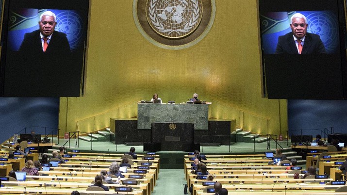 In this photo provided by the United Nations, Bob Loughman, prime minister of Vanuatu, speaks in a pre-recorded message which was played during the 75th session of the United Nations General Assembly, Saturday, Sept. 26, 2020, at U.N. headquarters. (Manuel Elias/UN Photo via AP)