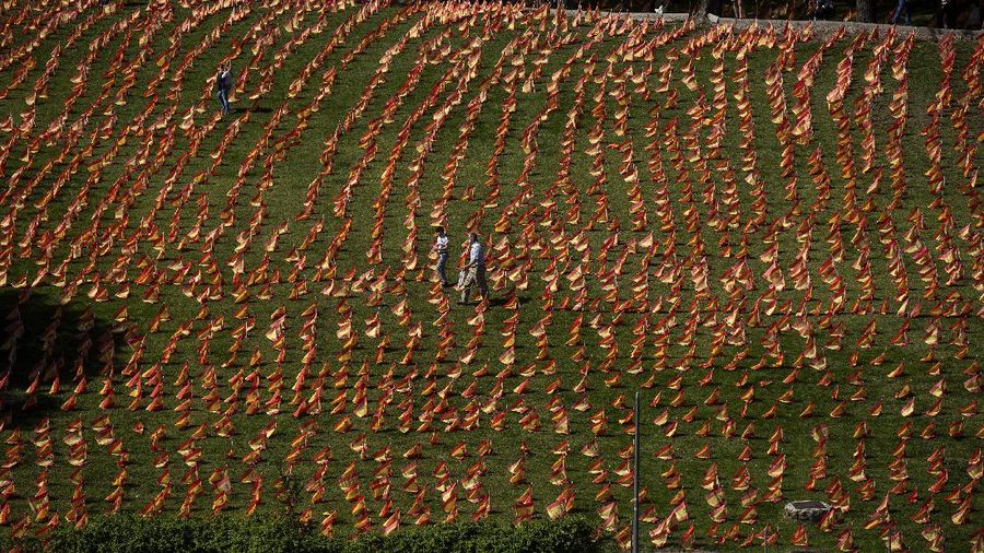 A woman sits among the Spanish flags placed in memory of coronavirus (COVID-19) victims in Madrid, Spain, Sunday, Sept. 27, 2020. An association of families of coronavirus victims has planted what it says are 53,000 small Spanish flags in a Madrid park to honor the dead of the pandemic. (AP Photo/Manu Fernandez)