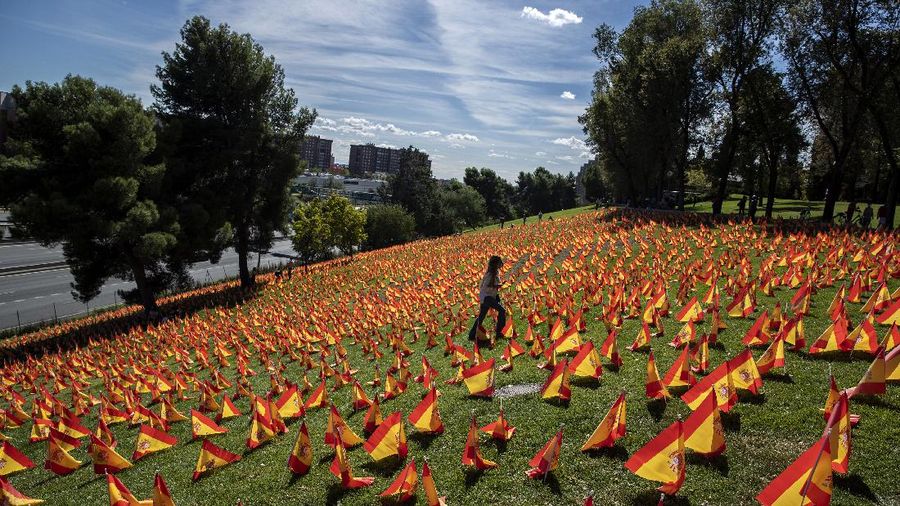A woman sits among the Spanish flags placed in memory of coronavirus (COVID-19) victims in Madrid, Spain, Sunday, Sept. 27, 2020. An association of families of coronavirus victims has planted what it says are 53,000 small Spanish flags in a Madrid park to honor the dead of the pandemic. (AP Photo/Manu Fernandez)