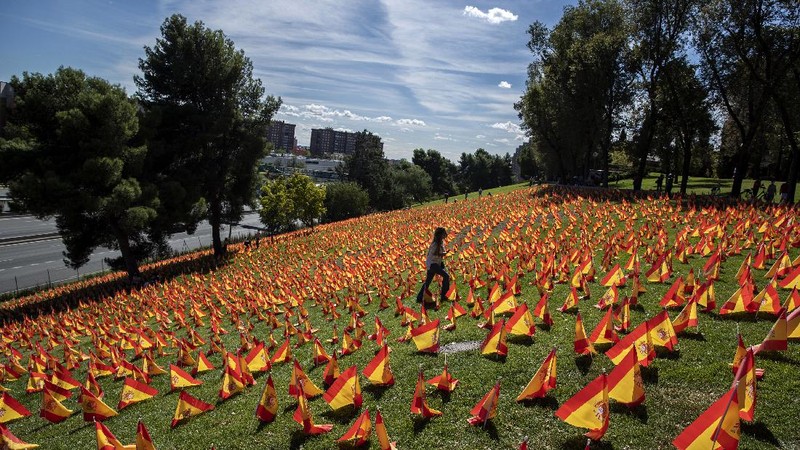 A woman sits among the Spanish flags placed in memory of coronavirus (COVID-19) victims in Madrid, Spain, Sunday, Sept. 27, 2020. An association of families of coronavirus victims has planted what it says are 53,000 small Spanish flags in a Madrid park to honor the dead of the pandemic. (AP Photo/Manu Fernandez)