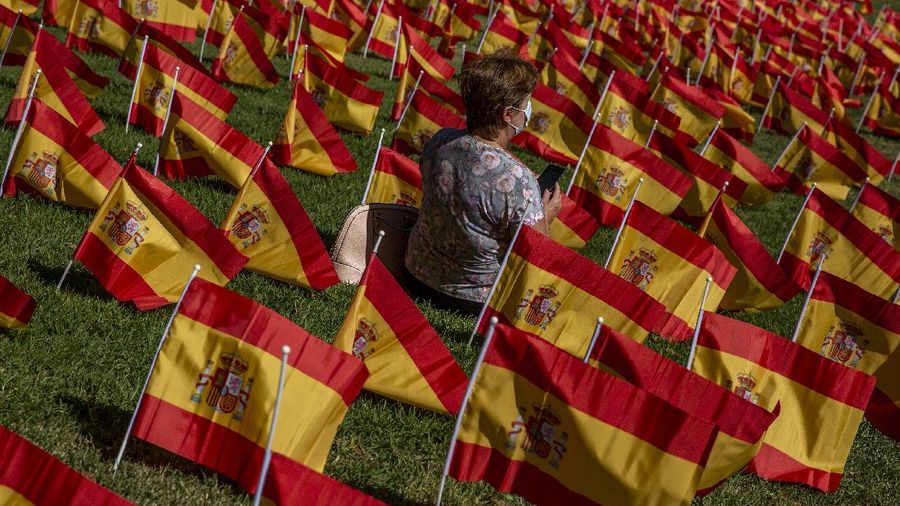 A woman sits among the Spanish flags placed in memory of coronavirus (COVID-19) victims in Madrid, Spain, Sunday, Sept. 27, 2020. An association of families of coronavirus victims has planted what it says are 53,000 small Spanish flags in a Madrid park to honor the dead of the pandemic. (AP Photo/Manu Fernandez)