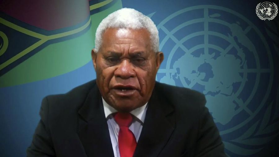 In this image made from UNTV video, Vanuatu's Prime Minister Bob Loughman speaks in a pre-recorded message which was played during the 75th session of the United Nations General Assembly, Saturday, Sept. 26, 2020, at U.N. headquarters. (UNTV via AP)