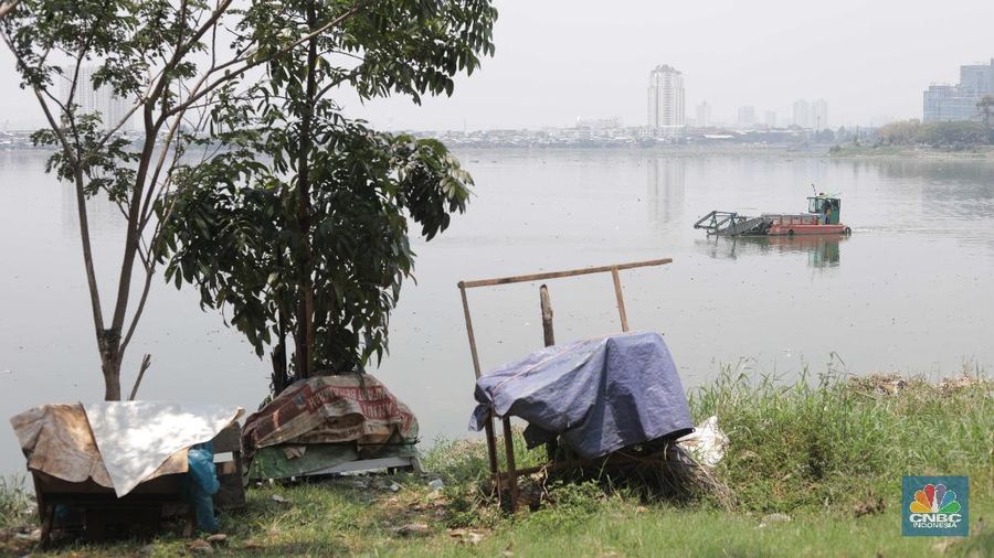 Suasana taman Waduk Pluit Jakarta Utara, Senin 28/9. Pantauan CNBC Indonesia belasan pasukan orange turun menyapu taman. Sebelumnya diberitakan di Detikcom, kondisi Waduk Pluit tampak memprihatinkan Sampah-sampah berserakan dan sejumlah fasilitas di kawasan itu tampak rusak dan tak terawat. Dulu waduk Pluit sempat berubah imagenya dari kawasan kumuh menjadi taman yang menarik di Kawasan Jakarta Utara. Sekarang karena adanya peraturan PSBB yang dilakukan ketat di Jakarta membuat waduk Pluit seperti tak terawat dan sudah rusak. Pohon-pohon kering banyak berserakan di tanah. Aktifitas pengerukan lumpur juga terlihat untuk mengantisipasi banjir.   (CNBC Indonesia/ Muhammad Sabki)