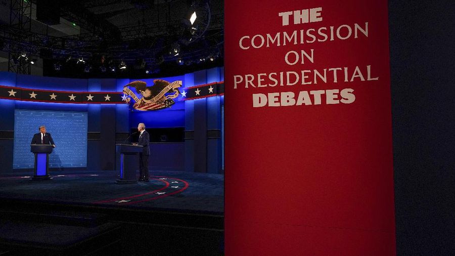 President Donald Trump and Democratic presidential candidate former Vice President Joe Biden during the first presidential debate Tuesday, Sept. 29, 2020, at Case Western University and Cleveland Clinic, in Cleveland, Ohio. (AP Photo/Julio Cortez)