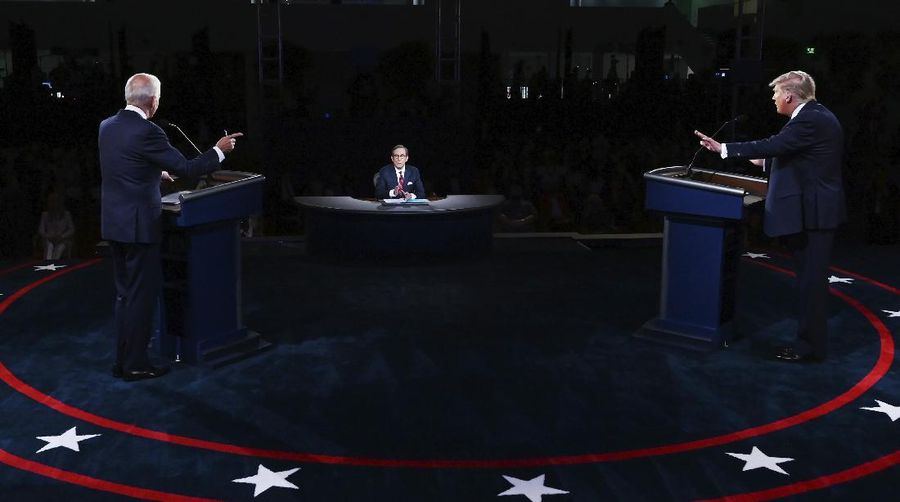 President Donald Trump and Democratic presidential candidate former Vice President Joe Biden participate in the first presidential debate Tuesday, Sept. 29, 2020, at Case Western University and Cleveland Clinic, in Cleveland. (Olivier Douliery/Pool via AP)