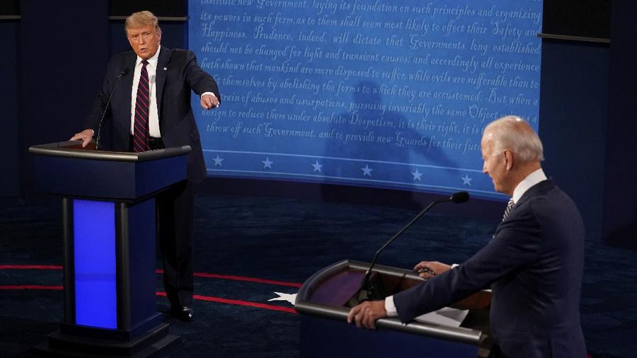 President Donald Trump responds to Democratic presidential candidate former Vice President Joe Biden during the first presidential debate Tuesday, Sept. 29, 2020, at Case Western University and Cleveland Clinic, in Cleveland, Ohio. (AP Photo/Morry Gash, Pool)