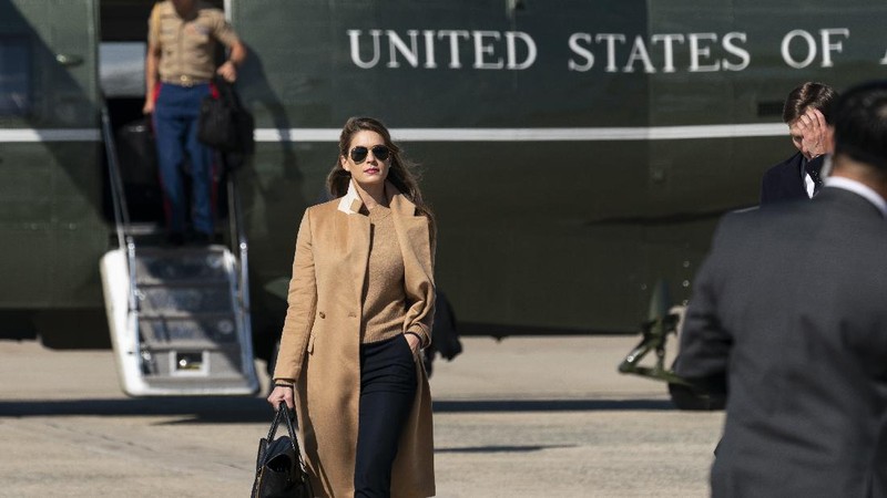 Counselor to the President Hope Hicks walks from Marine One to accompany President Donald Trump aboard Air Force One as he departs Wednesday, Sept. 30, 2020, at Andrews Air Force Base, Md. (AP Photo/Alex Brandon)