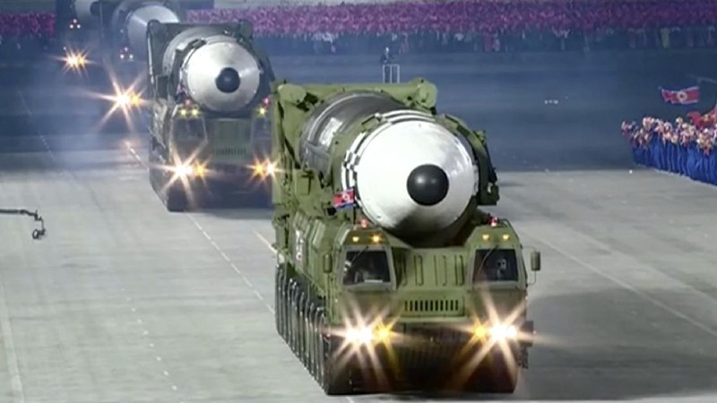 This image made from video broadcasted by North Korea's KRT, shows a military parade with what appears to be a possible new solid-fuel missile at the Kim Il Sung Square in Pyongyang, Saturday, Oct. 10, 2020. North Korean leader Kim Jong Un warned Saturday that his country would “fully mobilize” its nuclear force if threatened as he took center stage at a massive military parade to mark the 75th anniversary of the country’s ruling party. (KRT via AP)