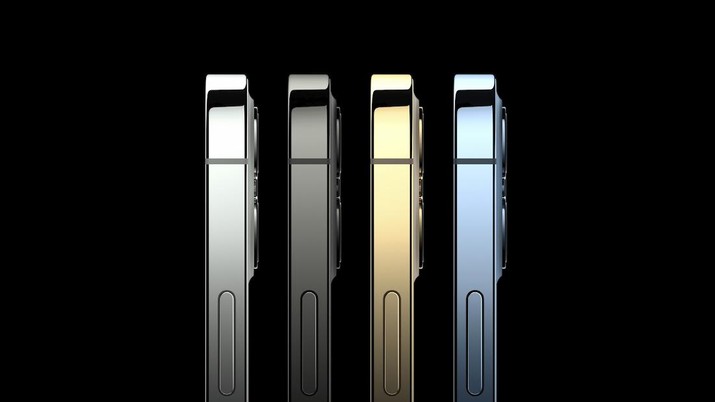iPhone 12 Pro This image provided by Apple shows the new iPhone 12 Pro phones that Apple unveiled Tuesday, Oct. 13, 2020. The higher-end iPhone 12 Pro with more powerful cameras comes in silver, graphite, gold and blue, and will cost $999. (Apple via AP)