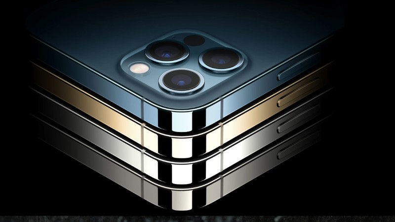 This image provided by Apple shows the new iPhone 12 Pro phones that Apple unveiled Tuesday, Oct. 13, 2020. The higher-end iPhone 12 Pro with more powerful cameras comes in silver, graphite, gold and blue, and will cost $999. (Apple via AP)
