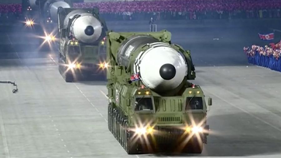This image made from video broadcasted by North Korea's KRT, shows a military parade with what appears to be a possible new solid-fuel missile at the Kim Il Sung Square in Pyongyang, Saturday, Oct. 10, 2020. North Korean leader Kim Jong Un warned Saturday that his country would “fully mobilize” its nuclear force if threatened as he took center stage at a massive military parade to mark the 75th anniversary of the country’s ruling party. (KRT via AP)