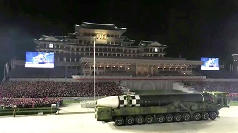 This image made from video broadcasted by North Korea's KRT, shows a military parade with what appears to be a possible new solid-fuel missile at the Kim Il Sung Square in Pyongyang, Saturday, Oct. 10, 2020. North Korean leader Kim Jong Un warned Saturday that his country would “fully mobilize” its nuclear force if threatened as he took center stage at a massive military parade to mark the 75th anniversary of the country’s ruling party. (KRT via AP)