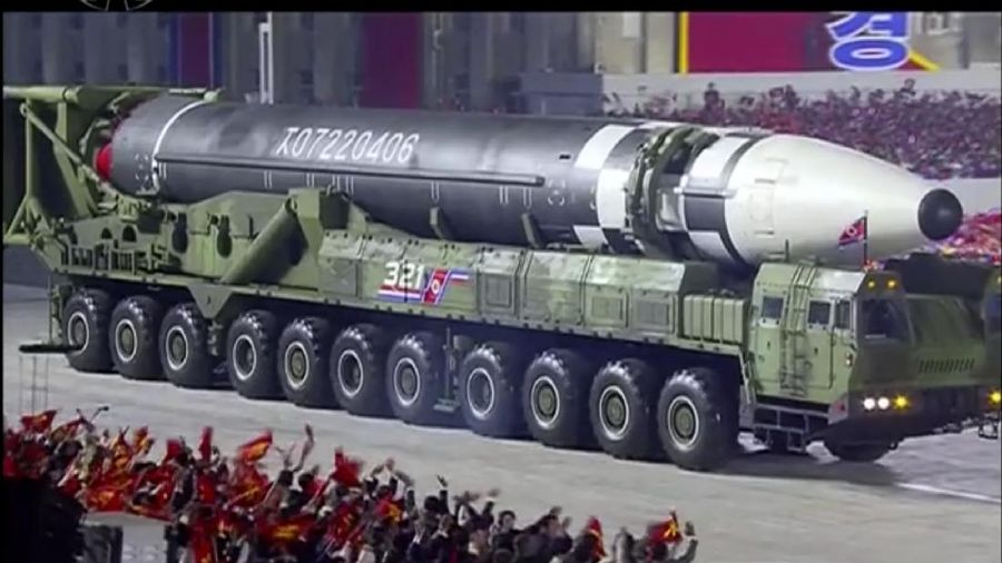 This image made from video broadcasted by North Korea's KRT, shows a military parade with what appears to be a possible new solid-fuel missile at the Kim Il Sung Square in Pyongyang, Saturday, Oct. 10, 2020. North Korean leader Kim Jong Un warned Saturday that his country would “fully mobilize” its nuclear force if threatened as he took center stage at a massive military parade to mark the 75th anniversary of the country’s ruling party. (KRT via AP)