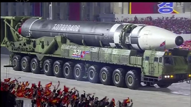 This image made from video broadcasted by North Korea's KRT, shows a military parade with what appears to be a possible new solid-fuel missile at the Kim Il Sung Square in Pyongyang, Saturday, Oct. 10, 2020. North Korean leader Kim Jong Un warned Saturday that his country would “fully mobilize” its nuclear force if threatened as he took center stage at a massive military parade to mark the 75th anniversary of the country’s ruling party. (KRT via AP)