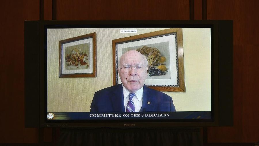 Sen. Patrick Leahy, D-Vt., speaks virtually during the confirmation hearing for Supreme Court nominee Amy Coney Barrett, before the Senate Judiciary Committee, Thursday, Oct. 15, 2020, on Capitol Hill in Washington. (Mandel Ngan/Pool via AP)