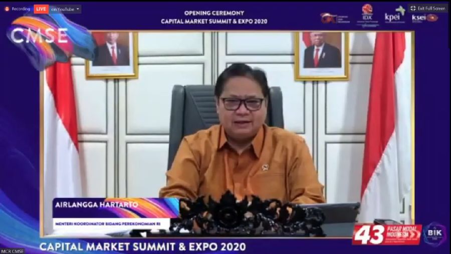 Airlangga Hartarto dalam acara Capital Market Summit and Expo 2020 (CMSE 2020). (Tangkapan Layar Youtube Indonesia Stock Exchange)