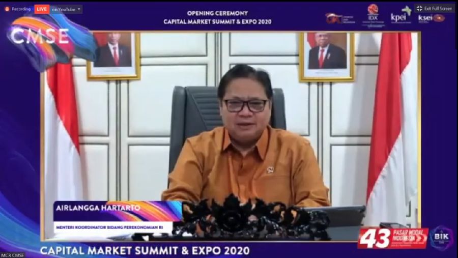 Airlangga Hartarto dalam acara Capital Market Summit and Expo 2020 (CMSE 2020). (Tangkapan Layar Youtube Indonesia Stock Exchange)