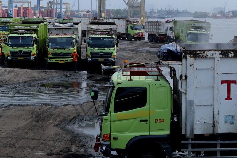 Pekerja melakukan bongkar muat batubara di Terminal Tanjung Priok, Jakarta, Kamis (6/1/2022). Pemerintah memutuskan untuk menyetop ekspor batu bara pada 1–31 Januari 2022 guna menjamin terpenuhinya pasokan komoditas tersebut untuk pembangkit listrik tenaga uap (PLTU) milik PLN dan independent power producer (IPP) dalam negeri. Kurangnya pasokan batubara dalam negeri ini akan berdampak kepada lebih dari 10 juta pelanggan PLN, mulai dari masyarakat umum hingga industri, di wilayah Jawa, Madura, Bali (Jamali) dan non-Jamali. (CNBC Indonesia/ Tri Susilo)