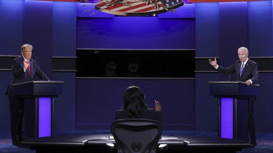 President Donald Trump and Democratic presidential candidate former Vice President Joe Biden participate in the final presidential debate at Belmont University, Thursday, Oct. 22, 2020, in Nashville, Tenn. (Chip Somodevilla/Pool via AP)