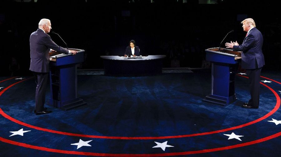 President Donald Trump and Democratic presidential candidate former Vice President Joe Biden participate in the final presidential debate at Belmont University, Thursday, Oct. 22, 2020, in Nashville, Tenn. (Chip Somodevilla/Pool via AP)