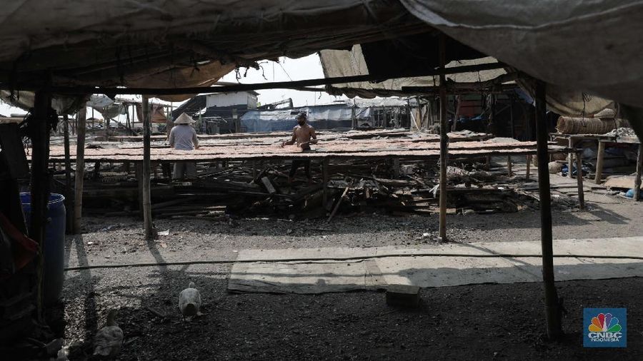 Pekerja mengangkat ikan asin di kawasan Cilincing, Jakarta Utara, Jumat (23/10). Memasuki musim penghujan dan isu Badai La Nina menjadi momok yang cukup mengkhawatirkan bagi nelayan. Menurut salah satu nelayan Ros mengatakan nelayan kerap mengalami masalah saat menjaring ikan di musim hujan.
