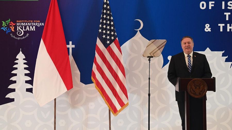 U.S. Secretary of State Mike Pompeo delivers his speech at the Nahdlatul Ulama in Jakarta Thursday, Oct. 29, 2020. Pompeo renewed the Trump administration’s rhetorical onslaught against China in Indonesia on Thursday as the American presidential election looms. (Adek Berry/Pool Photo via AP)