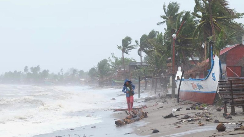 Strong waves batter the coast of Sorsogon province, central Philippines as a typhoon locally known as Goni hits the country on Sunday, Nov. 1, 2020. The super typhoon slammed into the eastern Philippines with ferocious winds early Sunday and about a million people have been evacuated in its projected path, including in the capital where the main international airport was ordered closed. (AP Photo)