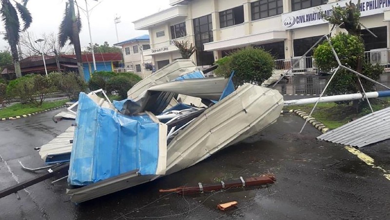 An All-Terrain Vehicle is toppled by strong winds and floods from Typhoon Goni as it hits Daraga, Albay province, central Philippines, Sunday, Nov. 1, 2020. The super typhoon slammed into the eastern Philippines with ferocious winds early Sunday and about a million people have been evacuated in its projected path, including in the capital where the main international airport was ordered closed. (AP Photo)