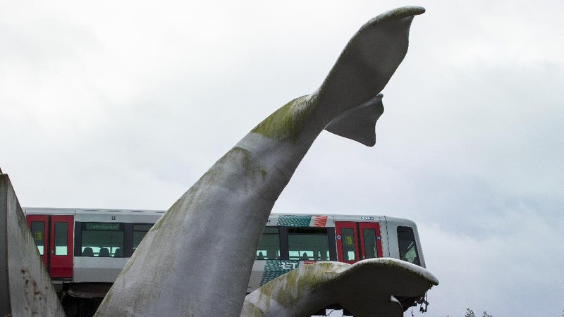 The whale's tail of a sculpture caught the front carriage of a metro train as it rammed through the end of an elevated section of rails with the driver escaping injuries in Spijkenisse, near Rotterdam, Netherlands, Monday, Nov. 2, 2020. (AP Photo/Peter Dejong)