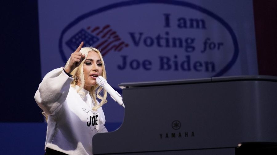 Lady Gaga performs during a drive-in rally for Democratic presidential candidate former Vice President Joe Biden at Heinz Field, Monday, Nov. 2, 2020, in Pittsburgh. (AP Photo/Andrew Harnik)