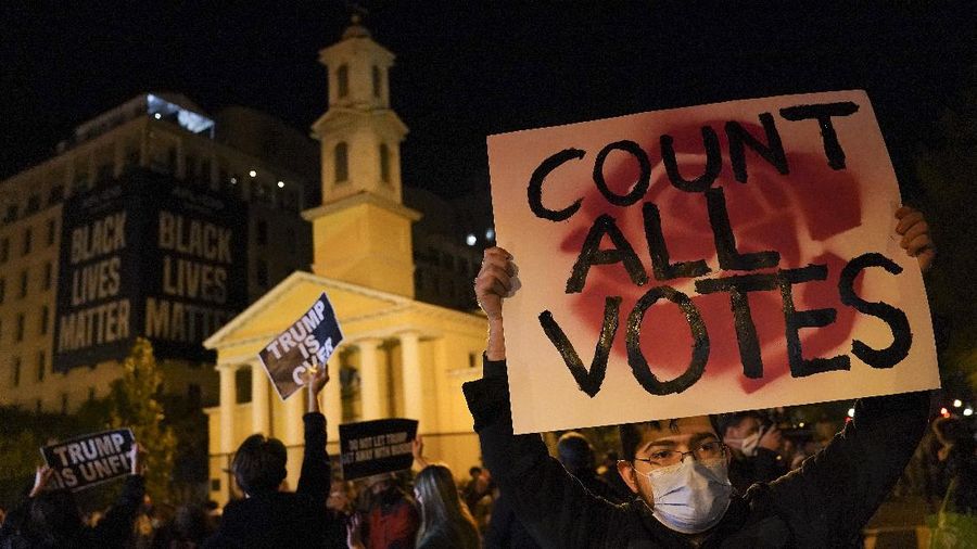 A demonstrator holds up a sign while waiting for election results at Black Lives Matter Plaza, Tuesday, Nov. 3, 2020, in Washington. (AP Photo/John Minchillo)