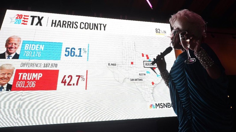 A man watches results come in on a screen set up at an election night gathering at Independence Mall , Tuesday, Nov. 3, 2020, in Philadelphia. (AP Photo/Michael Perez)