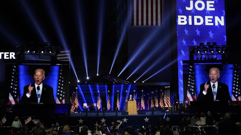 President-elect Joe Biden speaks Saturday, Nov. 7, 2020, in Wilmington, Del. (AP Photo/Andrew Harnik)