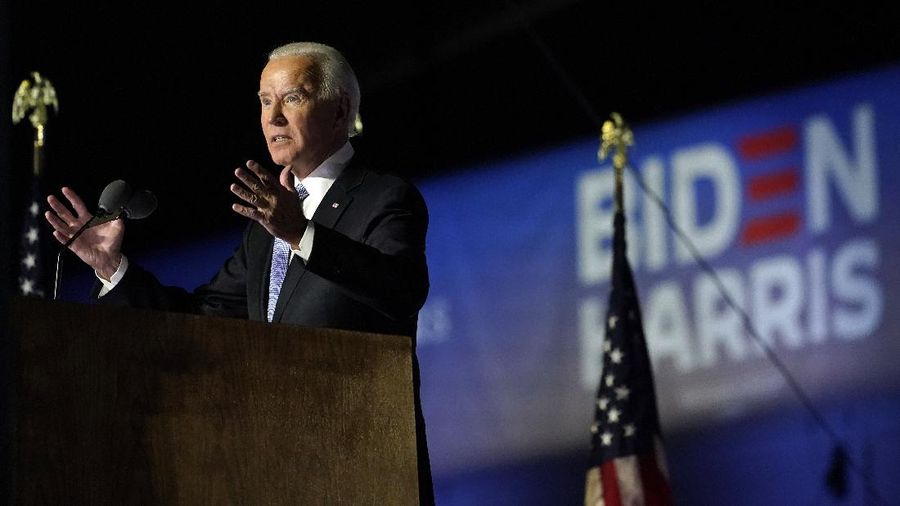 President-elect Joe Biden speaks, Saturday, Nov. 7, 2020, in Wilmington, Del. (AP Photo/Andrew Harnik)