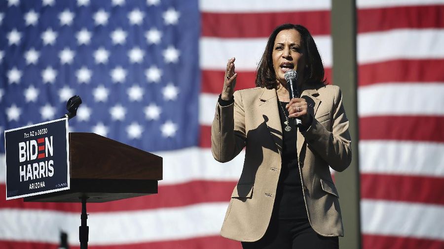 Vice President-elect Kamala Harris arrives to speaks Saturday, Nov. 7, 2020, in Wilmington, Del. (AP Photo/Carolyn Kaster)