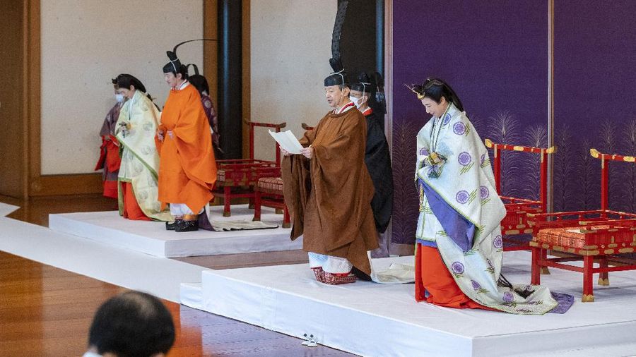 In this photo provided by the Imperial Household Agency of Japan, Japan's Crown Prince Akishino and his wife Crown Princess Kiko attend a ceremony after Akishino was formally proclaimed the first in line to the Chrysanthemum Throne, at the Imperial Palace in Tokyo, Sunday, Nov. 8, 2020. Akishisho, Emperor Naruhito's younger brother, was formally sworn in as first in line to the Chrysanthemum Throne in a traditional palace ritual that has been postponed for seven month and scaled down due to the coronavirus pandemic. (Imperial Household Agency of Japan via AP)