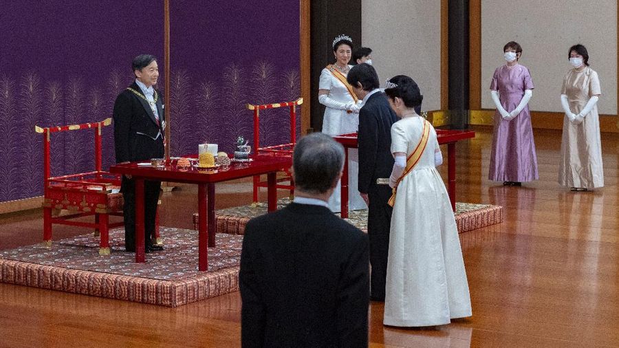 In this photo provided by the Imperial Household Agency of Japan, Japan's Crown Prince Akishino and his wife Crown Princess Kiko attend a ceremony after Akishino was formally proclaimed the first in line to the Chrysanthemum Throne, at the Imperial Palace in Tokyo, Sunday, Nov. 8, 2020. Akishisho, Emperor Naruhito's younger brother, was formally sworn in as first in line to the Chrysanthemum Throne in a traditional palace ritual that has been postponed for seven month and scaled down due to the coronavirus pandemic. (Imperial Household Agency of Japan via AP)