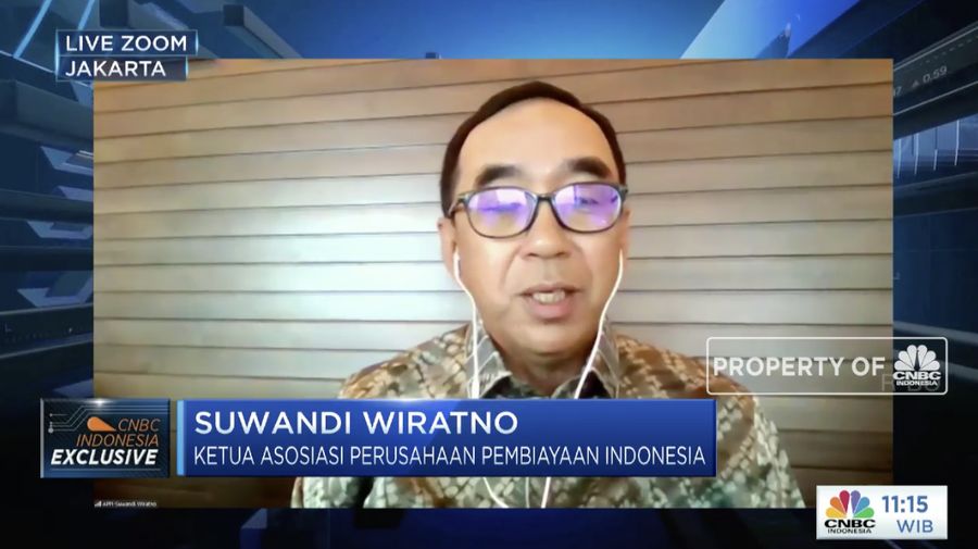 Ketua Umum Asosiasi Perusahaan Pembiayaan Indonesia (APPI) Suwandi Wiratno dalam Forum Diskusi Sektor Finansial denganl tema