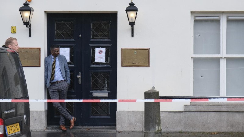 Bullet impacts are seen in the windows of Saudi Arabia's embassy in The Hague, Netherlands, Thursday, Nov. 12, 2020, after several shot were fired at the building early in the morning. Nobody was injured and police were investigating. (AP Photo/Mike Corder)