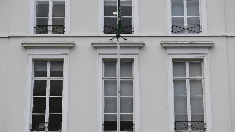Bullet impacts are seen in the windows of Saudi Arabia's embassy in The Hague, Netherlands, Thursday, Nov. 12, 2020, after several shot were fired at the building early in the morning. Nobody was injured and police were investigating. (AP Photo/Mike Corder)