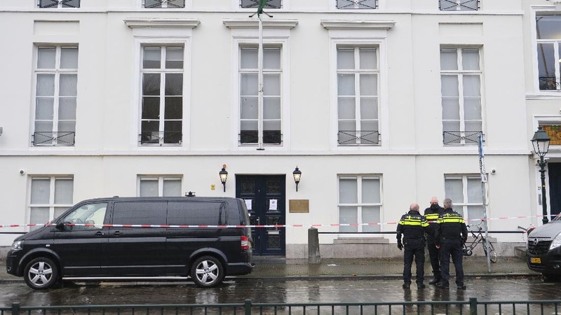 Bullet impacts are seen in the windows of Saudi Arabia's embassy in The Hague, Netherlands, Thursday, Nov. 12, 2020, after several shot were fired at the building early in the morning. Nobody was injured and police were investigating. (AP Photo/Mike Corder)
