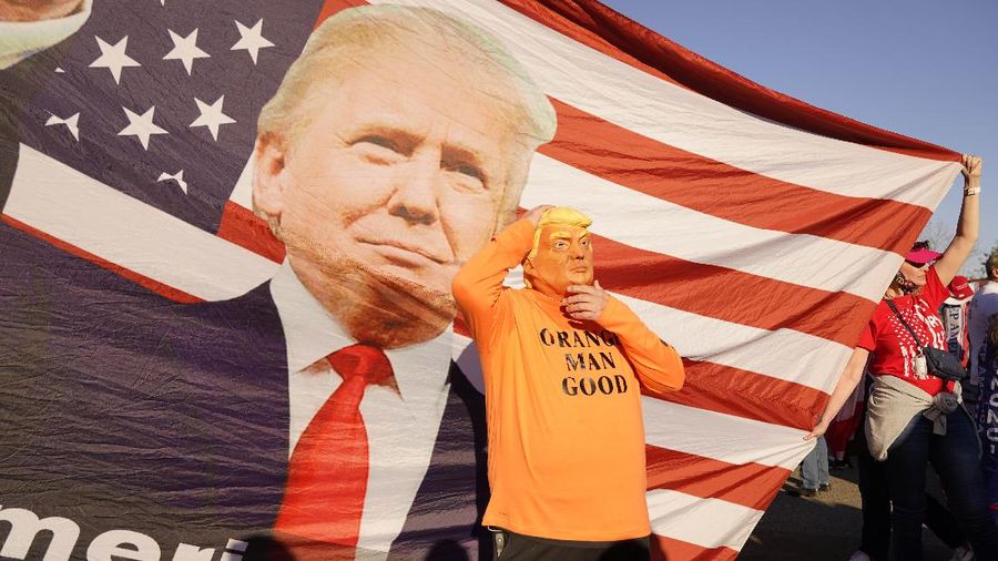 A person in a President Donald Trump mask poses for photos in front of a background with Trump on it as supporters attend pro-Trump marches, Saturday Nov. 14, 2020, in Washington. (AP Photo/Jacquelyn Martin)