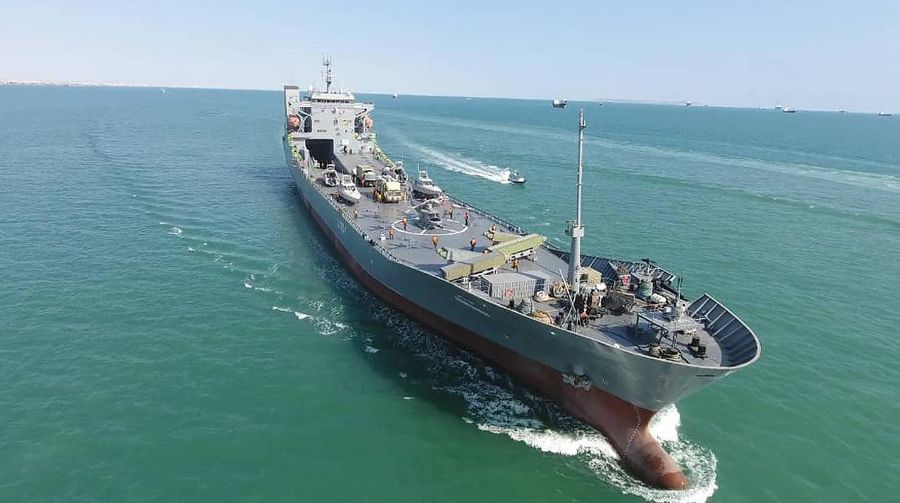 In this photo released Thursday, Nov. 19, 2020, by the Iranian Revolutionary Guard, the Guard's warship named after slain Guard naval commander Abdollah Roudaki, sails in to the Iranian southern territorial waters. Iran's paramilitary Revolutionary Guard said it launched a heavy warship Thursday capable of carrying helicopters, drones and missile launchers amid ongoing tensions with the U.S. (Sepahnews via AP)