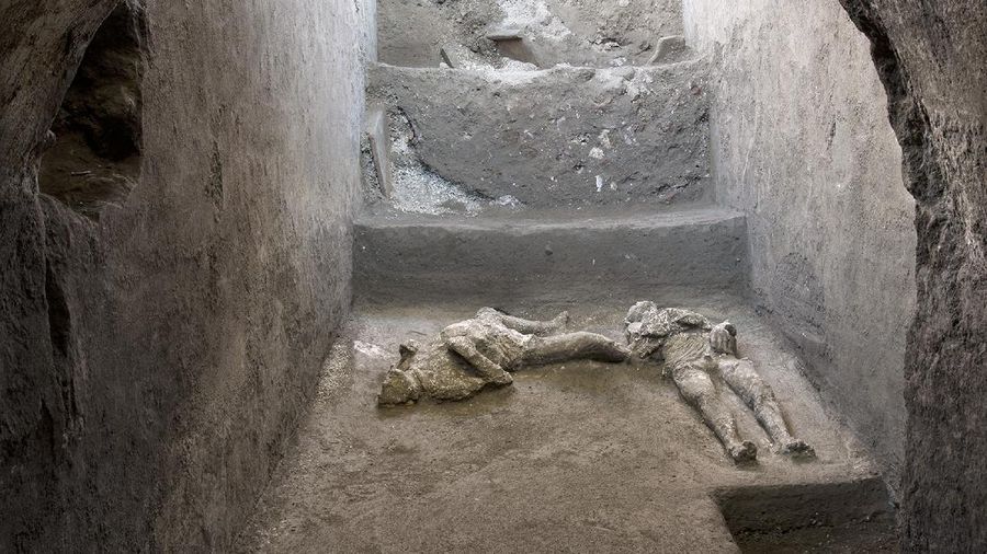 The casts of what are believed to have been a rich man and his male slave fleeing the volcanic eruption of Vesuvius nearly 2,000 years ago, are seen in what was an elegant villa on the outskirts of the ancient Roman city of Pompeii destroyed by the eruption in 79 A.D., where they were discovered during recents excavations, Pompeii archaeological park officials said Saturday, Nov. 21, 2020. (Parco Archeologico di Pompei via AP)