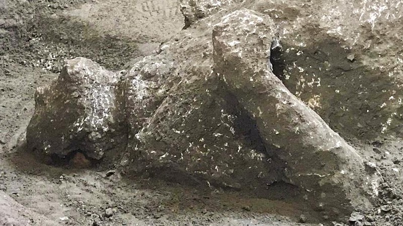 The casts of what are believed to have been a rich man and his male slave fleeing the volcanic eruption of Vesuvius nearly 2,000 years ago, are seen in what was an elegant villa on the outskirts of the ancient Roman city of Pompeii destroyed by the eruption in 79 A.D., where they were discovered during recents excavations, Pompeii archaeological park officials said Saturday, Nov. 21, 2020. (Parco Archeologico di Pompei via AP)