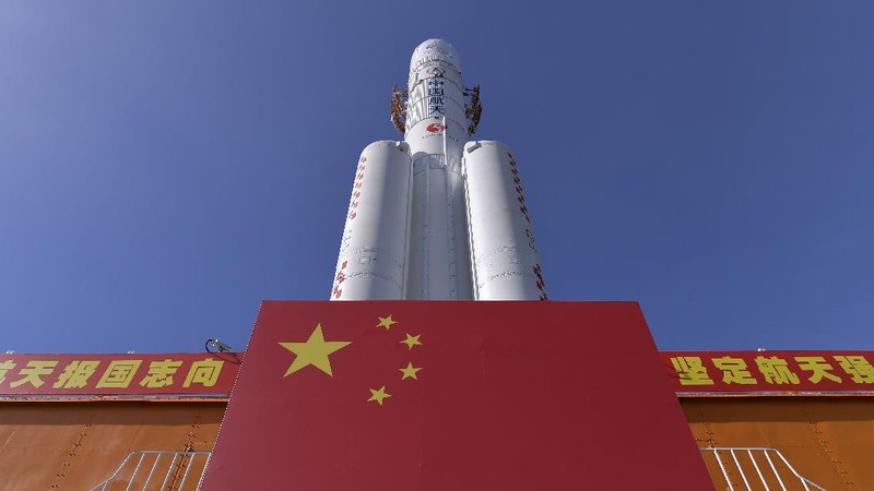 FILE - In this July 17, 2020, photo released by China's Xinhua News Agency, a Long March-5 rocket is seen at the Wenchang Space Launch Center in southern China's Hainan Province. Chinese technicians were making final preparations Monday, Nov. 23, 2020, to launch a Long March-5 rocket carrying a mission to bring back material from the lunar surface in a potentially major advance for the country's space program. (Zhang Gaoxiang/Xinhua via AP, File)