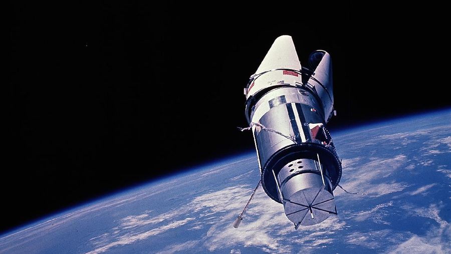 This view shows the augmented target docking adapter (ATDA) made from the Gemini 9 space capsule by astronauts Thomas Stafford and Eugene Cernan, June 3, 1966.  (AP Photo)
